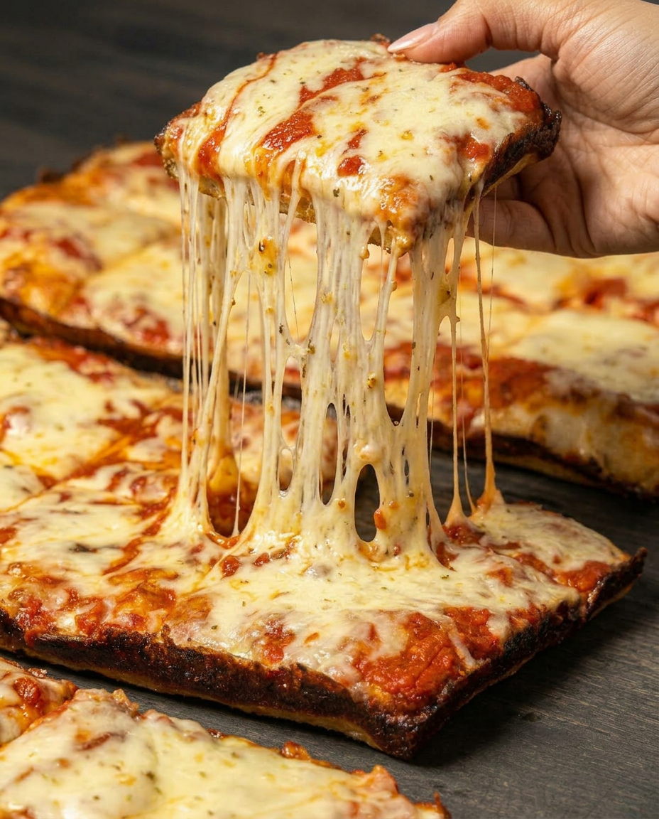 Detroit-style cheese pizza with a dramatic cheese pull