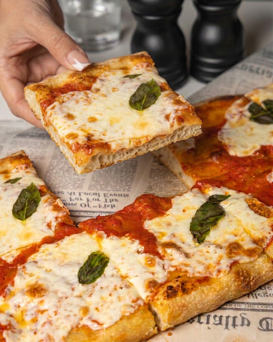 Margherita Detroit slice being lifted